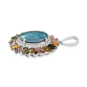 Boulder Opal Triplet, Multi-Tourmaline and Natural White Zircon Cocktail Pendant in Platinum Over Sterling Silver 6.35 ctw