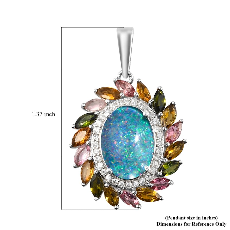 Boulder Opal Triplet, Multi-Tourmaline and Natural White Zircon Cocktail Pendant in Platinum Over Sterling Silver 6.35 ctw
