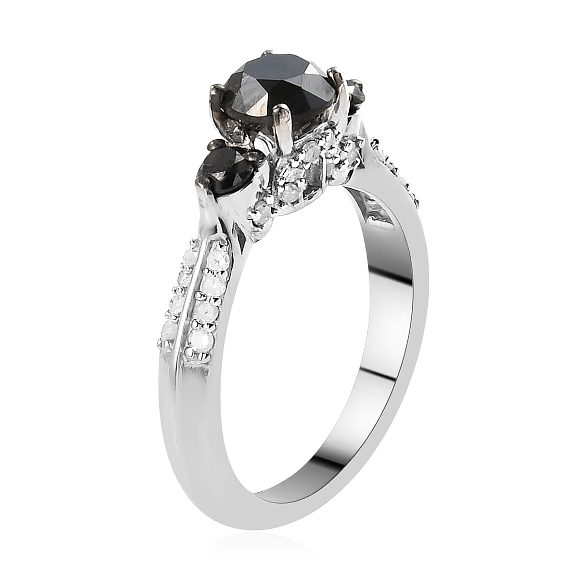 Black Diamond and Diamond Ring in Platinum Over Sterling Silver (Size 10.0) 1.50 ctw