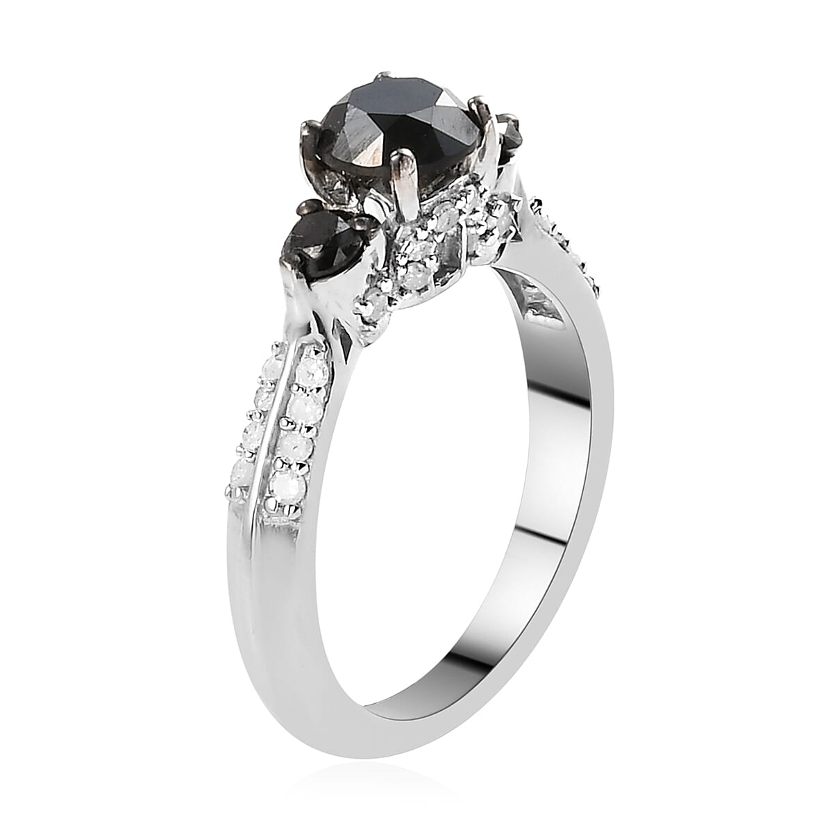 Black Diamond and Diamond Ring in Platinum Over Sterling Silver (Size 6.0) 1.50 ctw image number 3