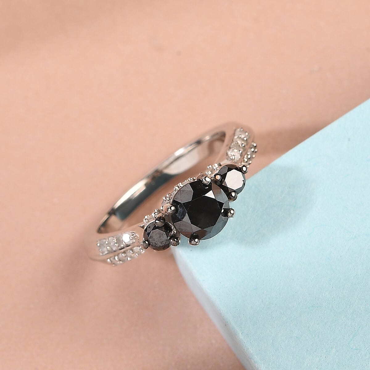 Black Diamond and Diamond Ring in Platinum Over Sterling Silver (Size 8.0) 1.50 ctw image number 1