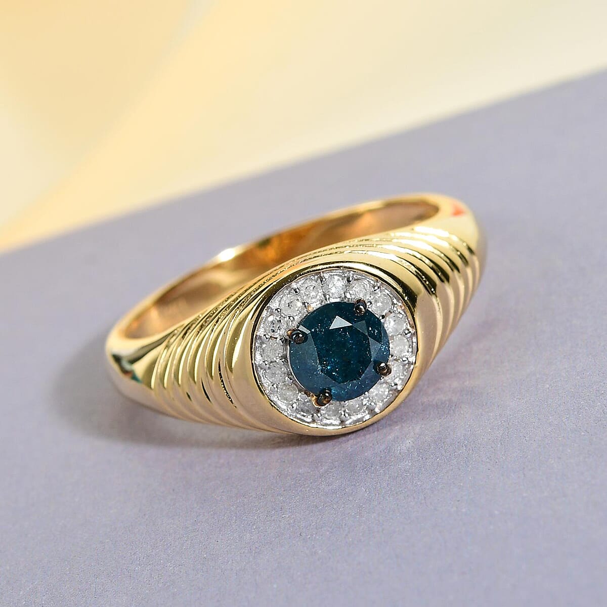 Blue Diamond and Diamond Men's Ring in Vermeil Yellow Gold Over Sterling Silver 1.00 ctw image number 1