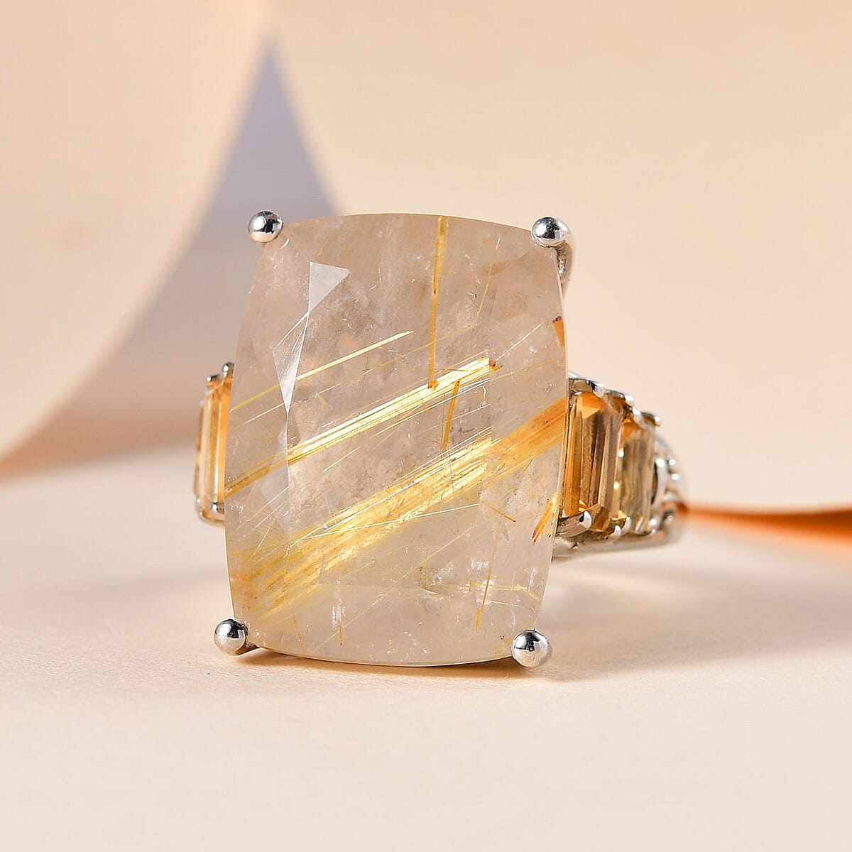 Golden Rutilated Quartz and Brazilian Citrine Ring in Platinum Over Sterling Silver (Size 9.0) 21.15 ctw image number 1