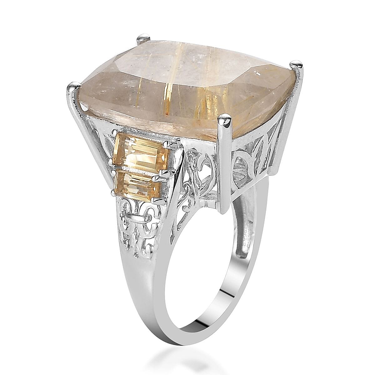 Golden Rutilated Quartz and Brazilian Citrine Ring in Platinum Over Sterling Silver (Size 9.0) 21.15 ctw image number 3