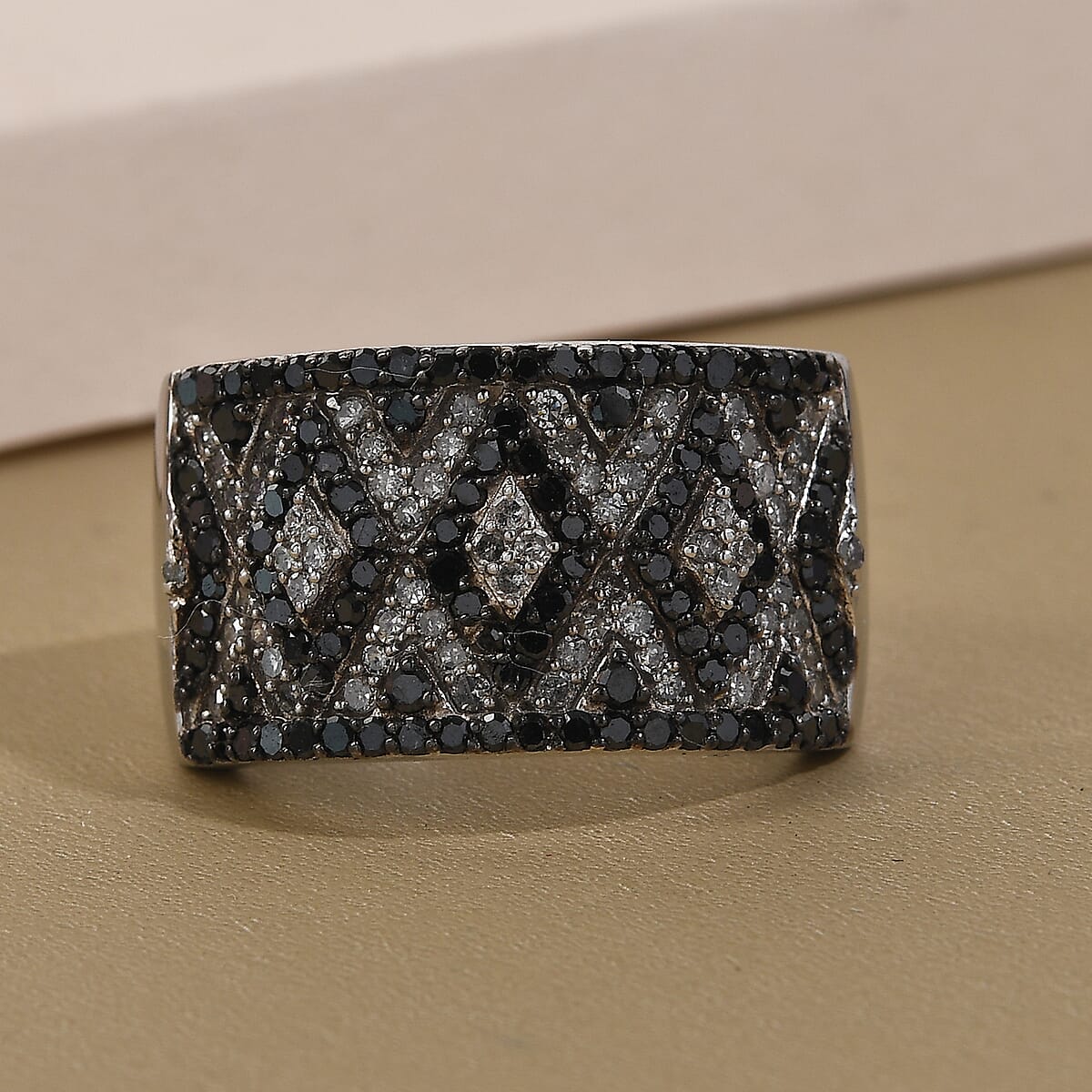 Black Diamond and Diamond Ring in Rhodium and Platinum Over Sterling Silver (Size 10.0) 1.00 ctw image number 1