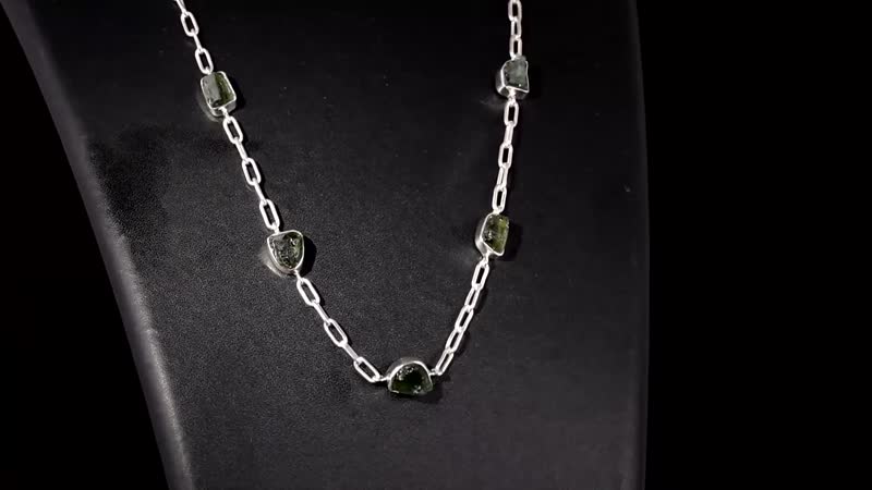 Artisan Crafted Rough Cut Bohemian Moldavite Station 17.00 ctw Paper Clip Chain Necklace in Sterling Silver 18-20 Inches