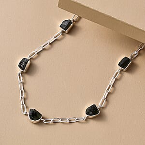 Artisan Crafted Rough Cut Bohemian Moldavite Station 17.00 ctw Paper Clip Chain Necklace in Sterling Silver 18-20 Inches