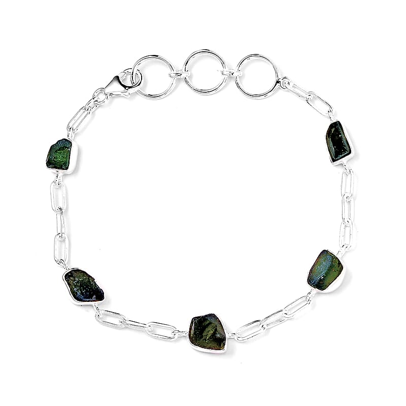 Artisan Crafted Rough Cut Bohemian Moldavite 8.65 ctw Paper Clip Chain Bracelet in Sterling Silver (6.50-8.50In)