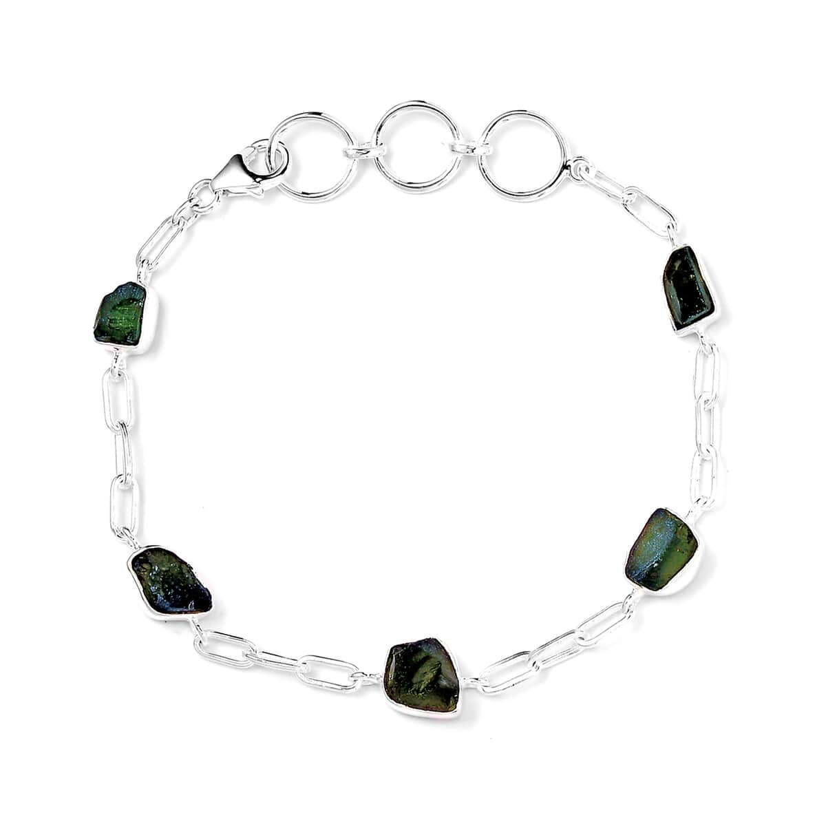 Artisan Crafted Rough Cut Bohemian Moldavite Paper Clip Chain Bracelet in Sterling Silver (6.50-8.50In) 8.65 ctw image number 0