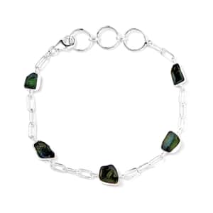 Artisan Crafted Rough Cut Bohemian Moldavite Paper Clip Chain Bracelet in Sterling Silver (6.50-8.50In) 8.65 ctw