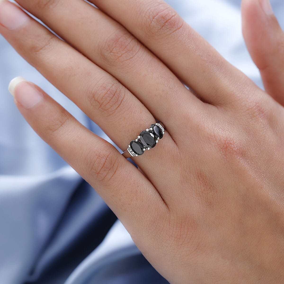 Elite Shungite 3 Stone Ring in Platinum Over Sterling Silver,Engagement Rings For Women (Size 7.0) 1.00 ctw image number 2