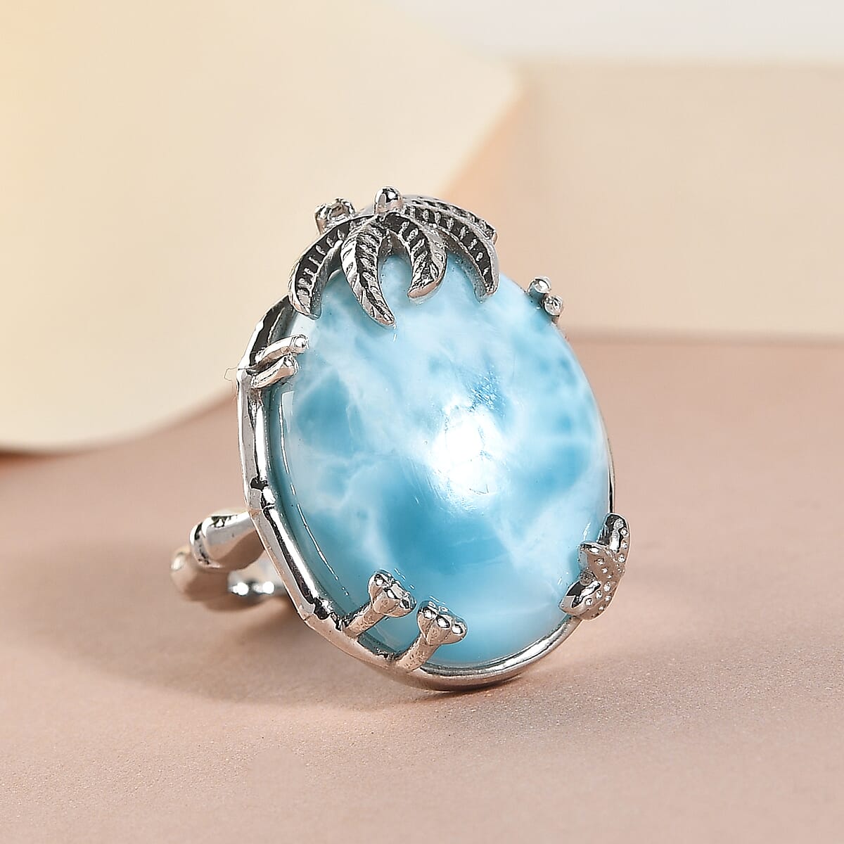 Larimar and Natural Champagne Diamond Accent Palm Tree Ring in Platinum Over Sterling Silver (Size 7.0) 18.35 ctw image number 1