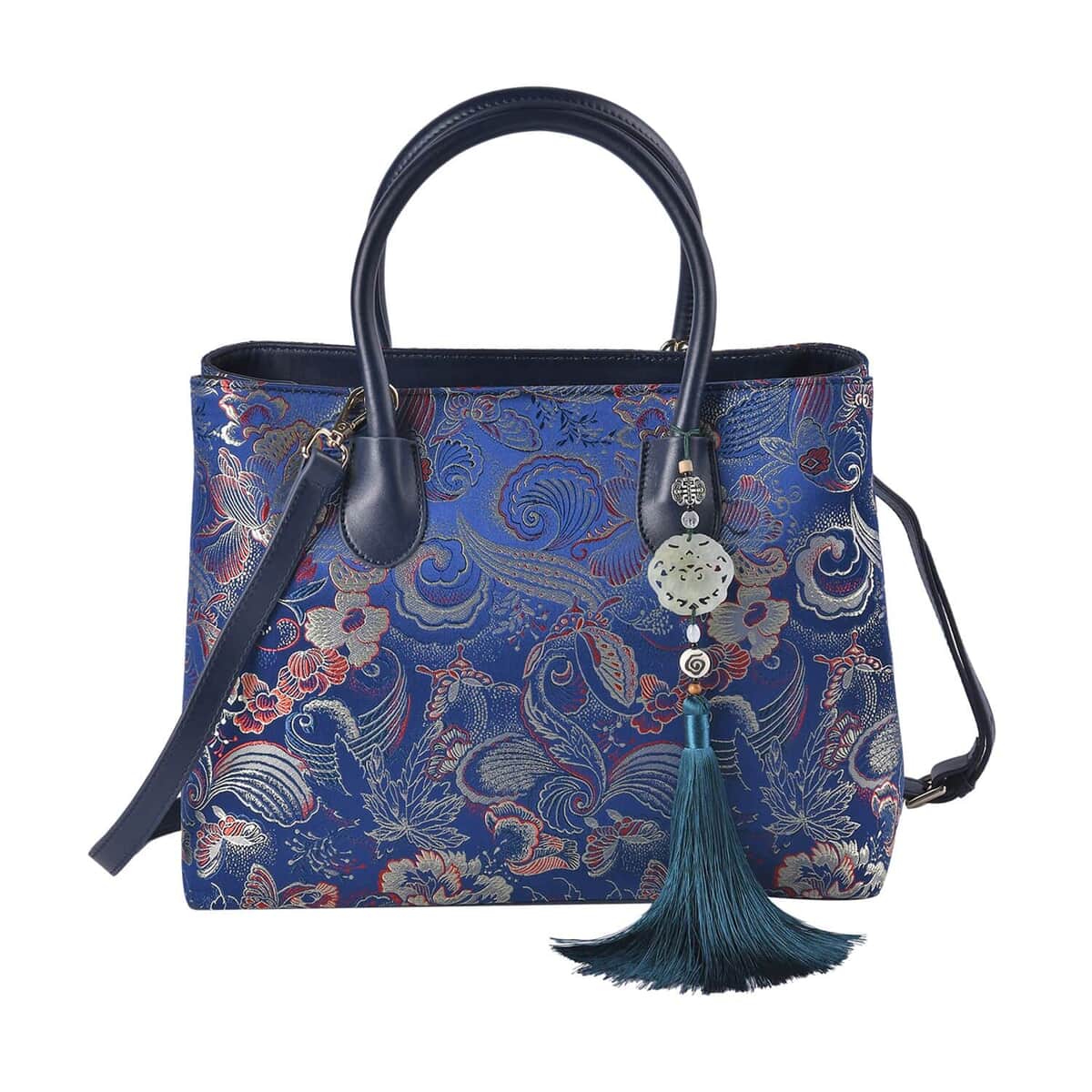 Navy Phoenix tail Flower Pattern Brocade with Genuine Leather Crossbody Bag with Hanging Jade Tassels image number 0