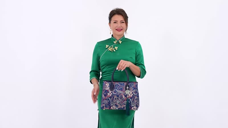 Navy Phoenix tail Flower Pattern Brocade with Genuine Leather Crossbody Bag (12.91"x9.84"x5.51") with Shoulder Strap