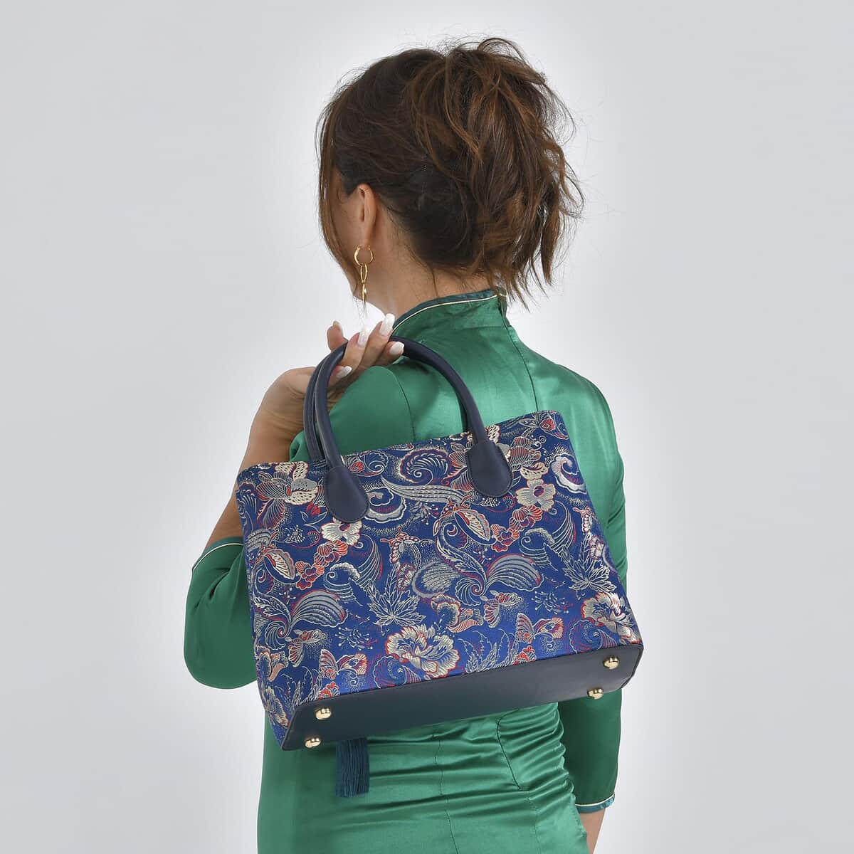 Navy Phoenix tail Flower Pattern Brocade with Genuine Leather Crossbody Bag with Hanging Jade Tassels image number 1