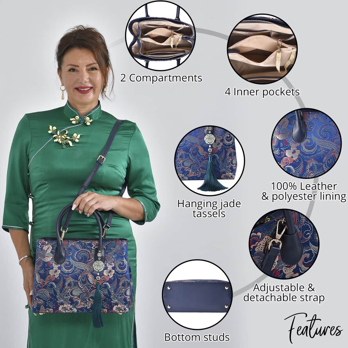 Navy Phoenix tail Flower Pattern Brocade with Genuine Leather Crossbody Bag with Hanging Jade Tassels image number 2