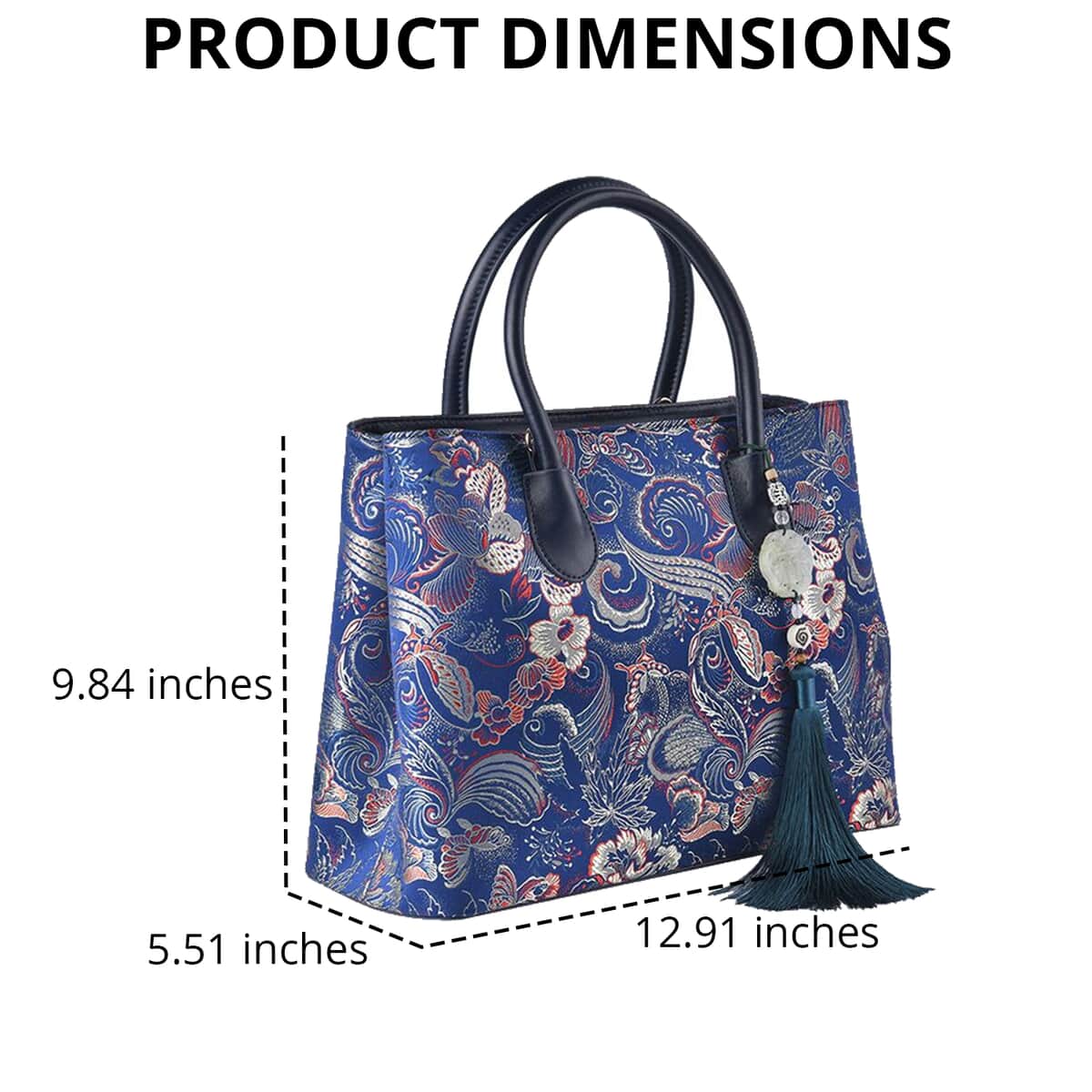 Navy Phoenix tail Flower Pattern Brocade with Genuine Leather Crossbody Bag (12.91"x9.84"x5.51") with Shoulder Strap image number 3
