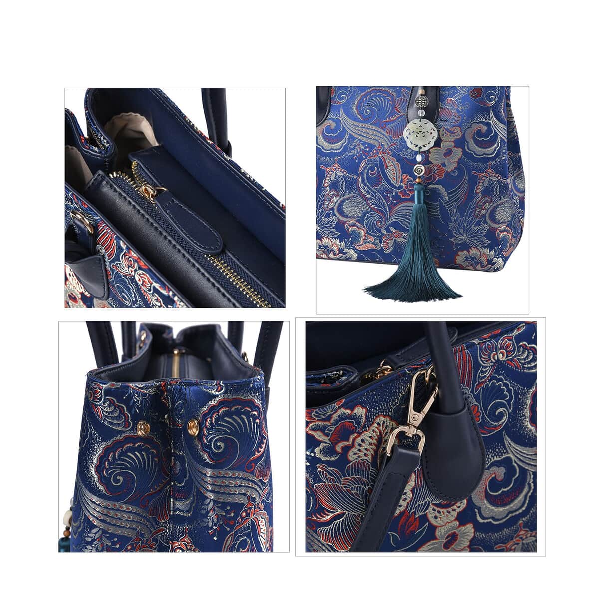 Navy Phoenix tail Flower Pattern Brocade with Genuine Leather Crossbody Bag with Hanging Jade Tassels image number 4