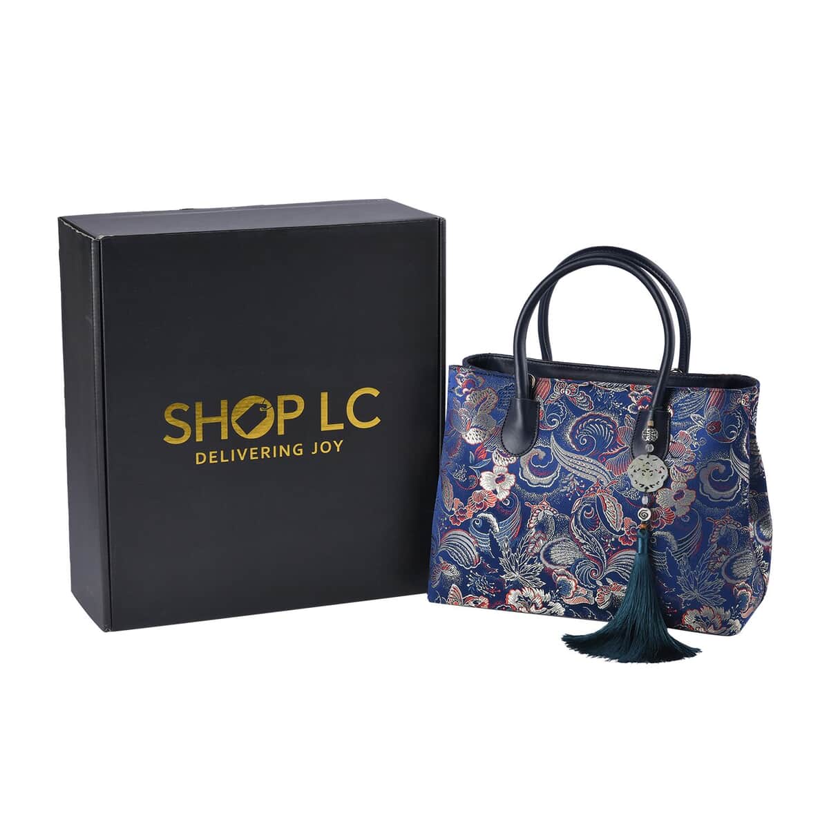 Navy Phoenix tail Flower Pattern Brocade with Genuine Leather Crossbody Bag with Hanging Jade Tassels image number 6