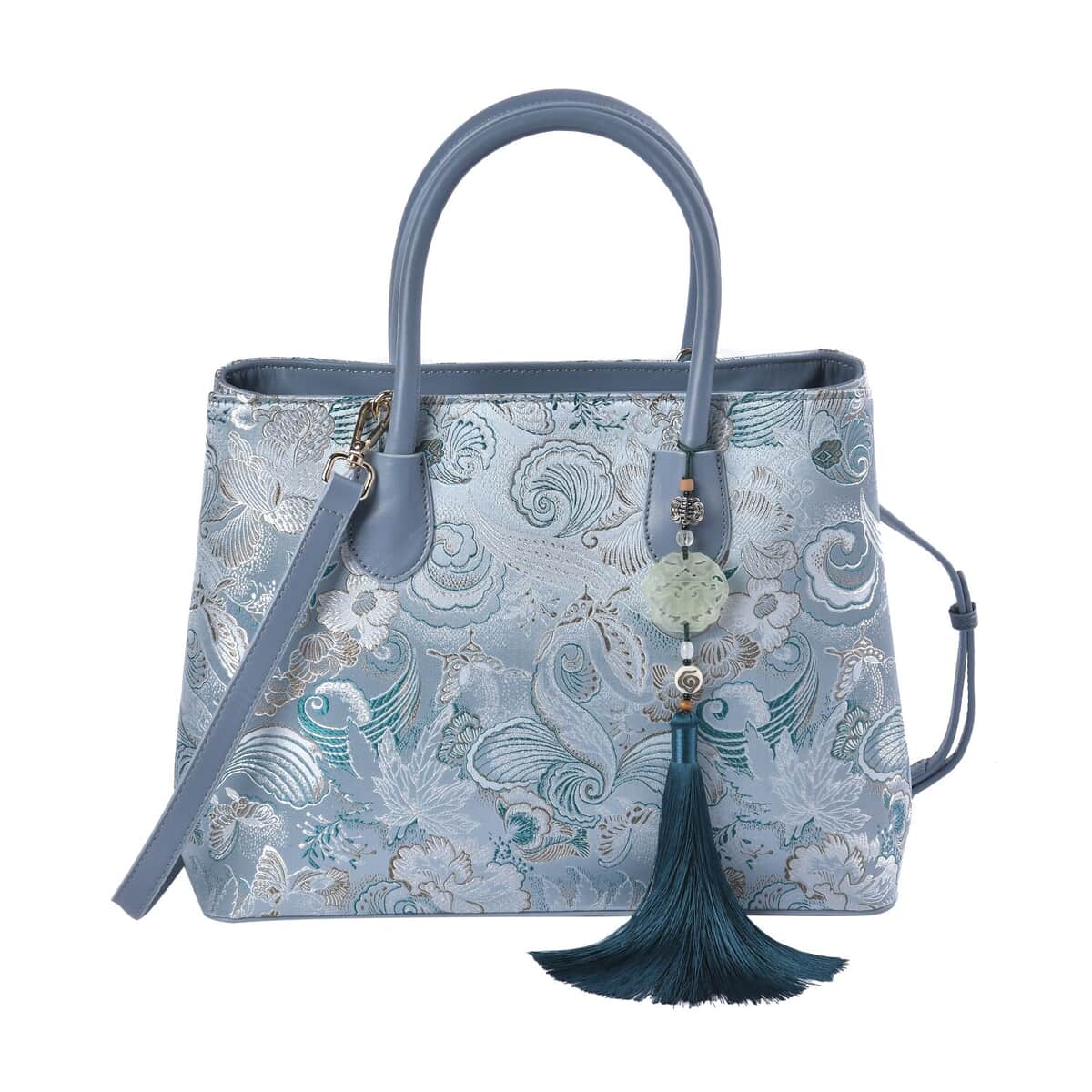 Green Phoenix tail Flower Pattern Brocade with Genuine Leather Crossbody Bag with Hanging Jade Tassels image number 0