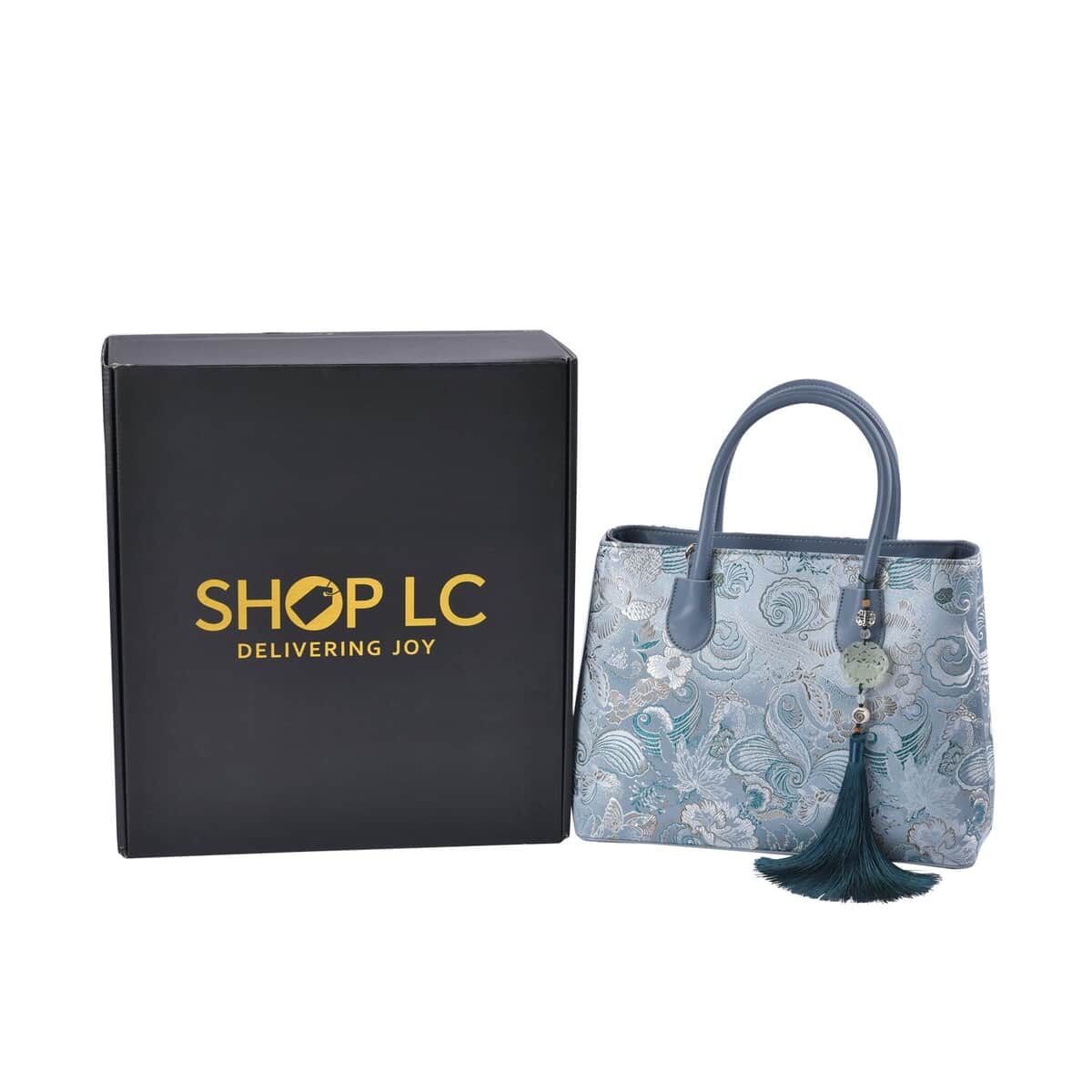 Green Phoenix tail Flower Pattern Brocade with Genuine Leather Crossbody Bag with Hanging Jade Tassels image number 6