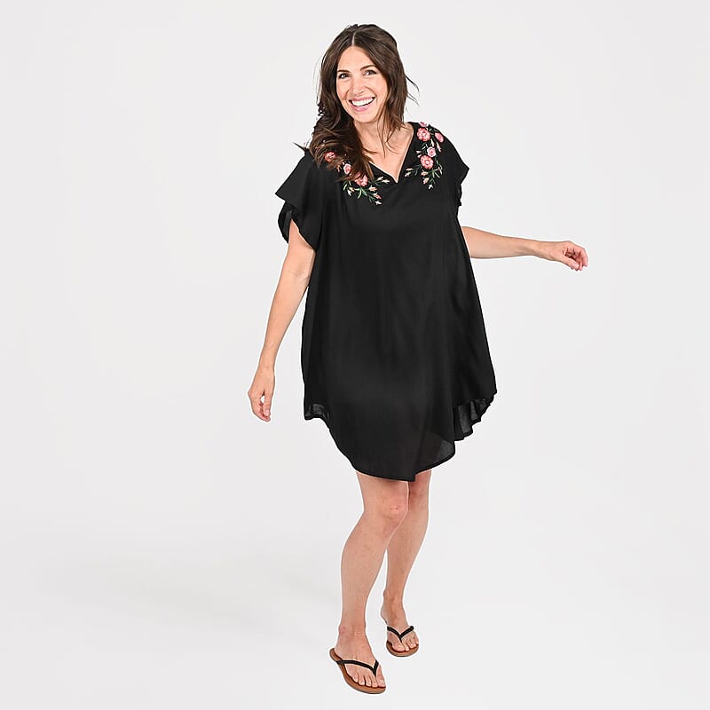 Tamsy Black High Low Hem Dress with Embroidery in Neck - One Size Missy