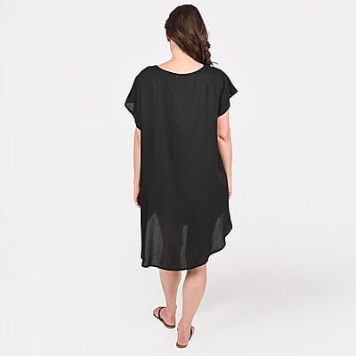Tamsy Black High Low Hem Dress with Embroidery in Neck - One Size Missy