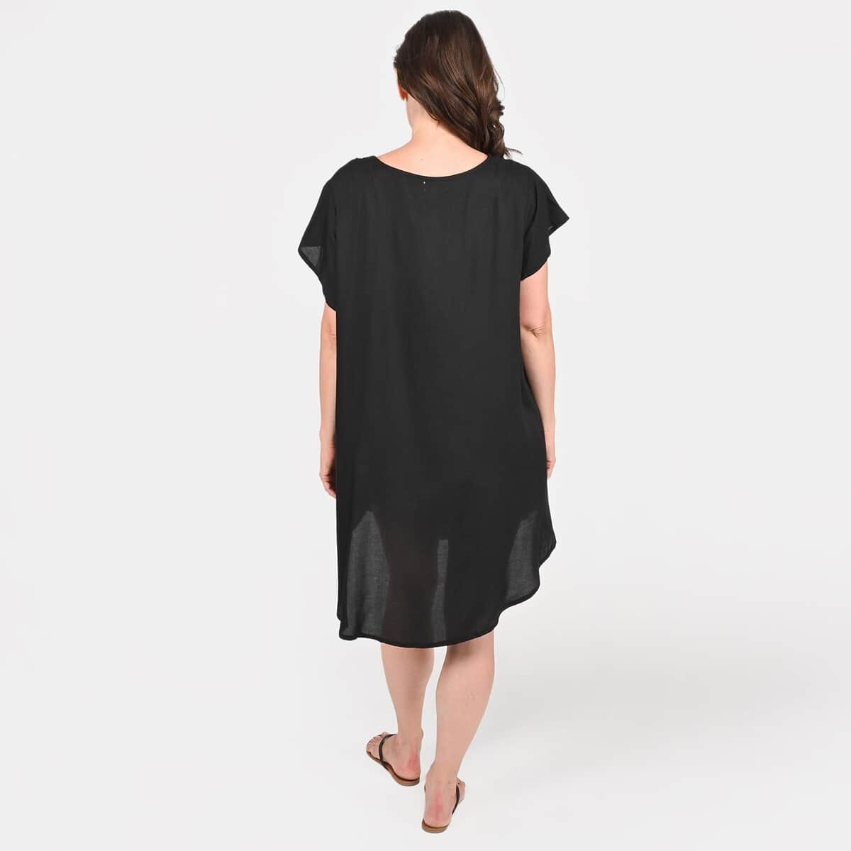 Tamsy Black High Low Hem Dress with Embroidery in Neck - One Size Missy image number 1