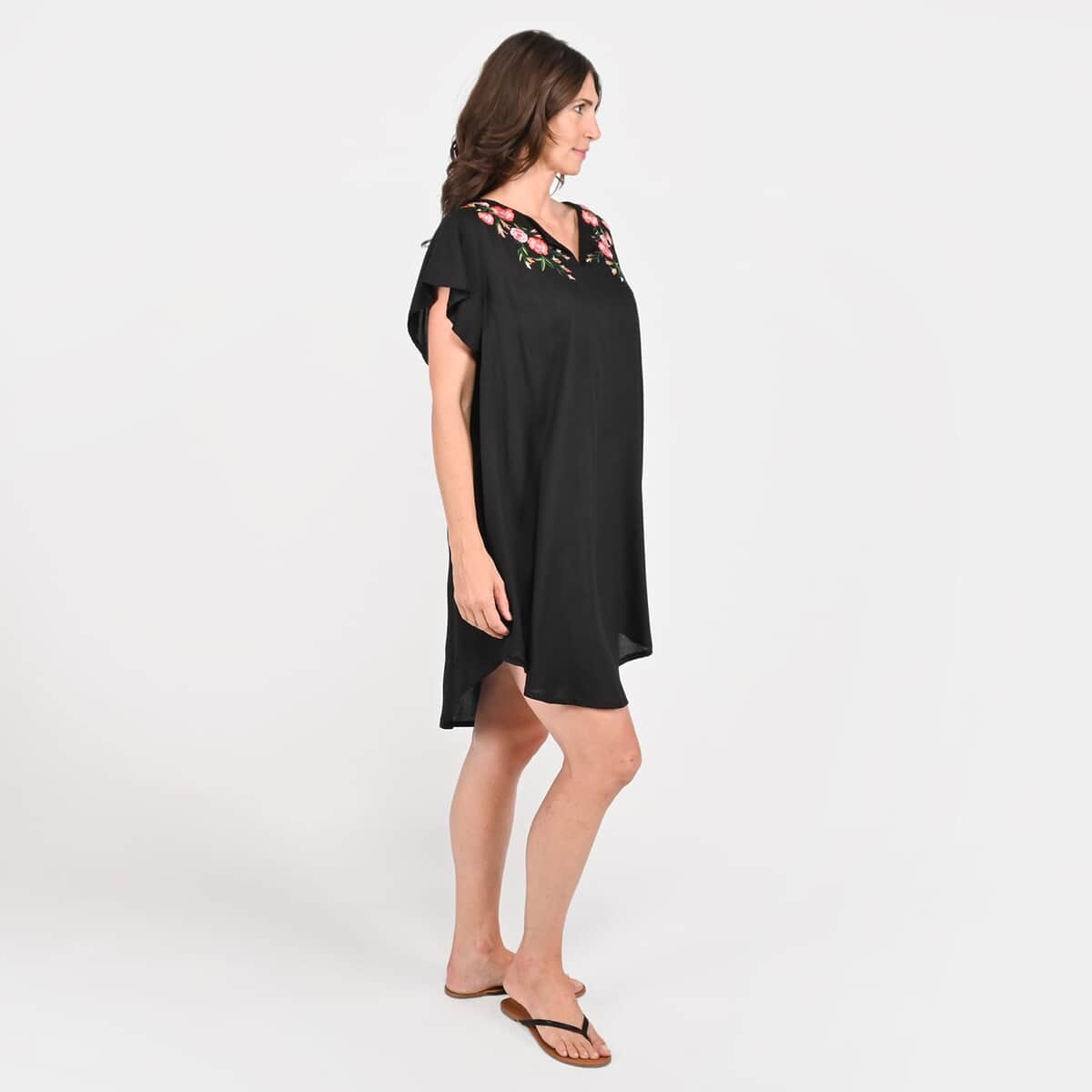 Tamsy Black High Low Hem Dress with Embroidery in Neck - One Size Missy image number 2