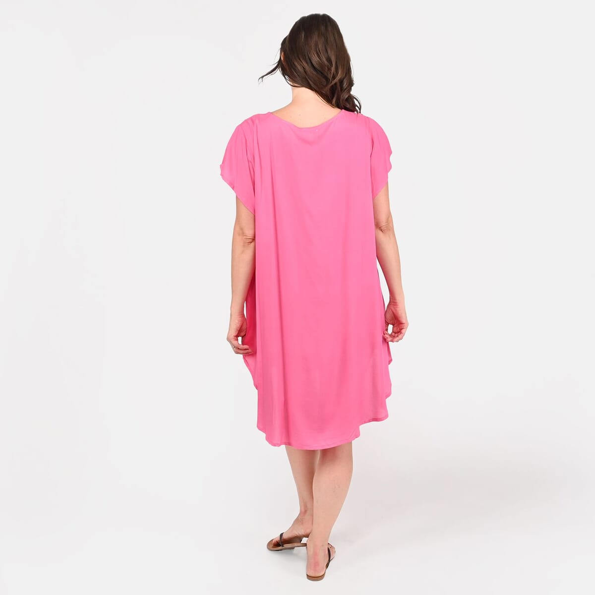 Tamsy Pink High Low Hem Dress with Embroidery in Neck - One Size Missy image number 1