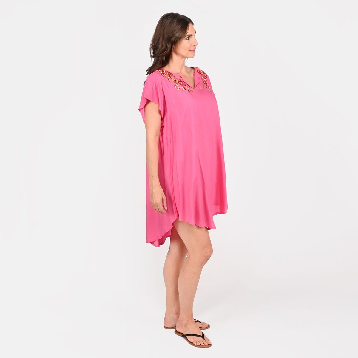 Tamsy Pink High Low Hem Dress with Embroidery in Neck - One Size Missy image number 2
