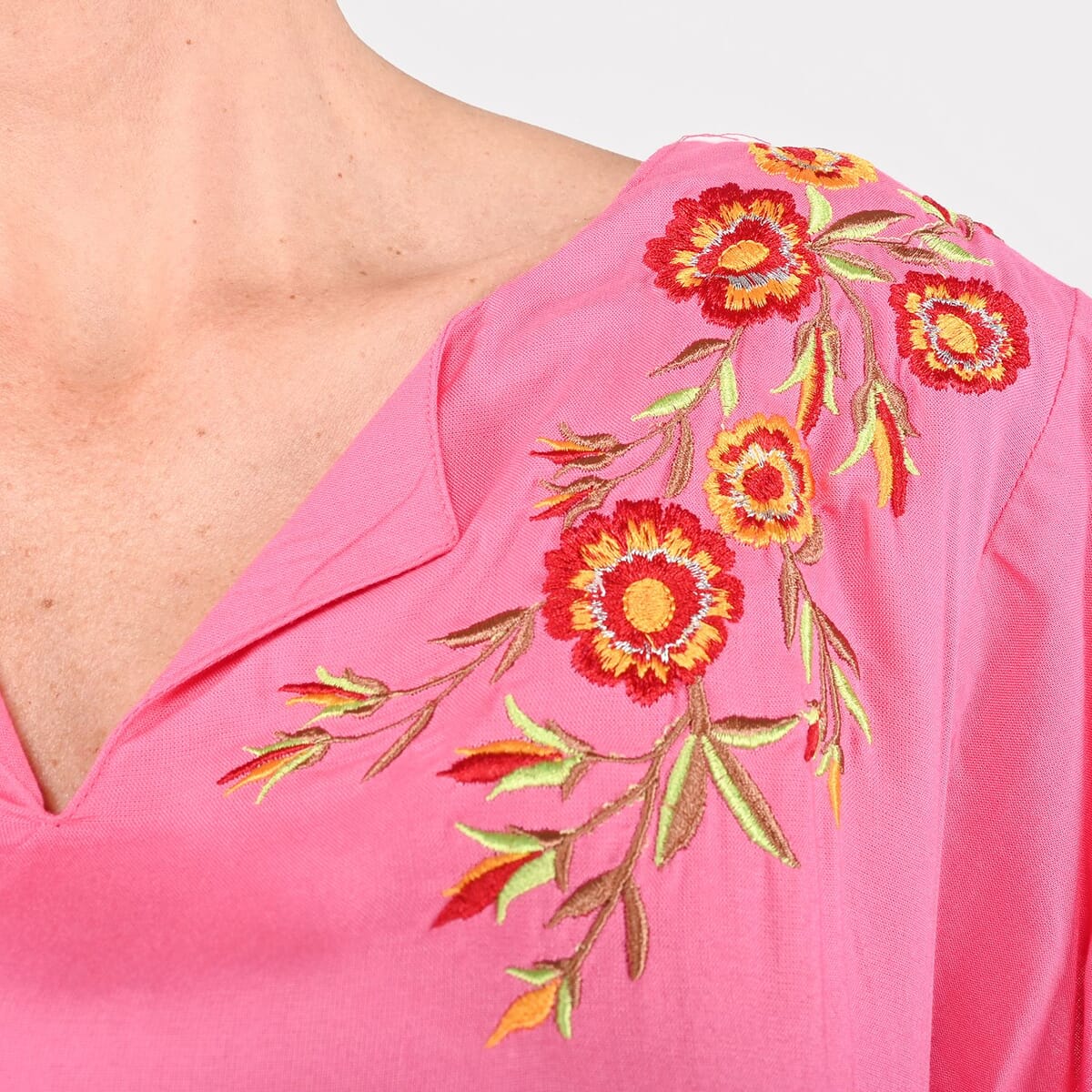 Tamsy Pink High Low Hem Dress with Embroidery in Neck - One Size Missy image number 4