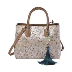 Golden Phoenix tail Flower Pattern Brocade with Genuine Leather Crossbody Bag with Hanging Jade Tassels