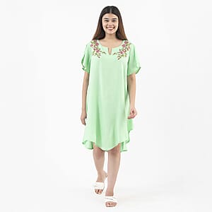 Tamsy Seafoam Green High Low Hem Dress with Embroidery in Neck - One Size Plus