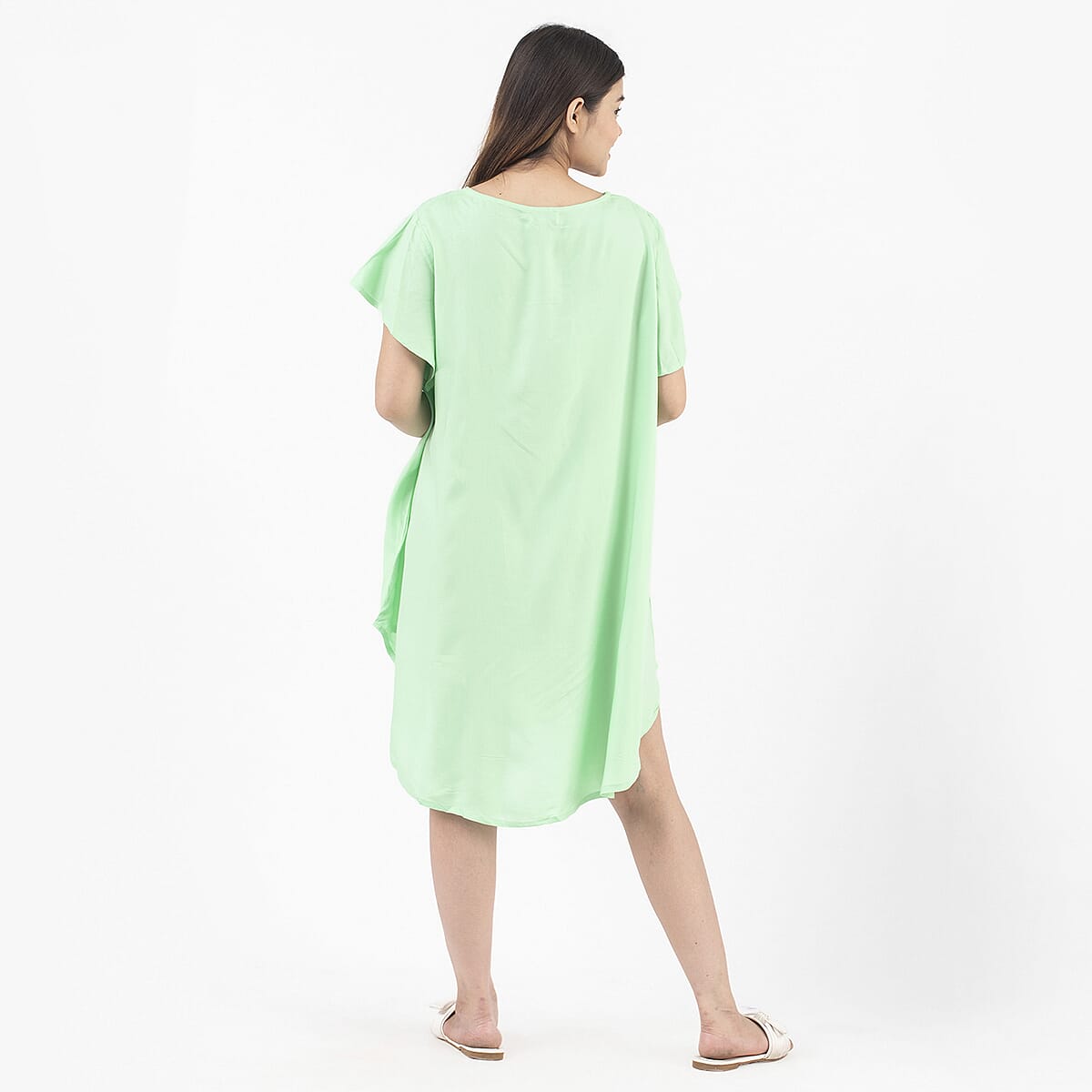 Tamsy Seafoam Green High Low Hem Dress with Embroidery in Neck - One Size Plus image number 1