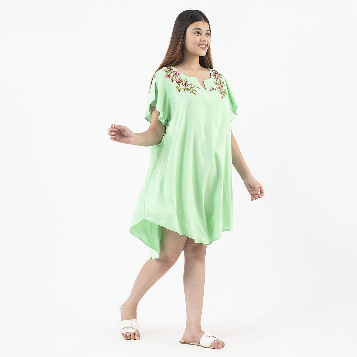 Tamsy Seafoam Green High Low Hem Dress with Embroidery in Neck - One Size Plus image number 2