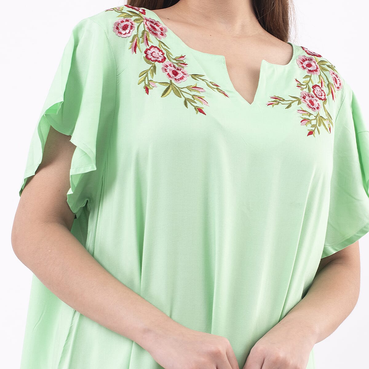 Tamsy Seafoam Green High Low Hem Dress with Embroidery in Neck - One Size Plus image number 3