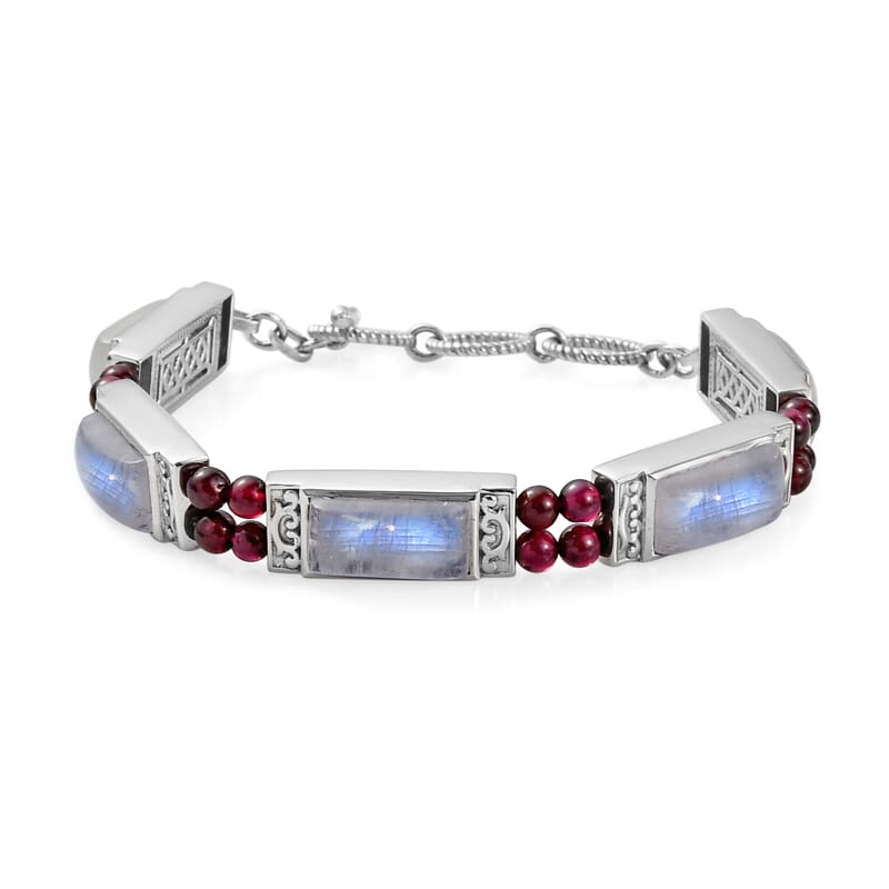 Kuisa Rainbow Moonstone and Orissa Rhodolite Garnet Bracelet in Platinum Over Sterling Silver (6.50 In) 33.75 ctw