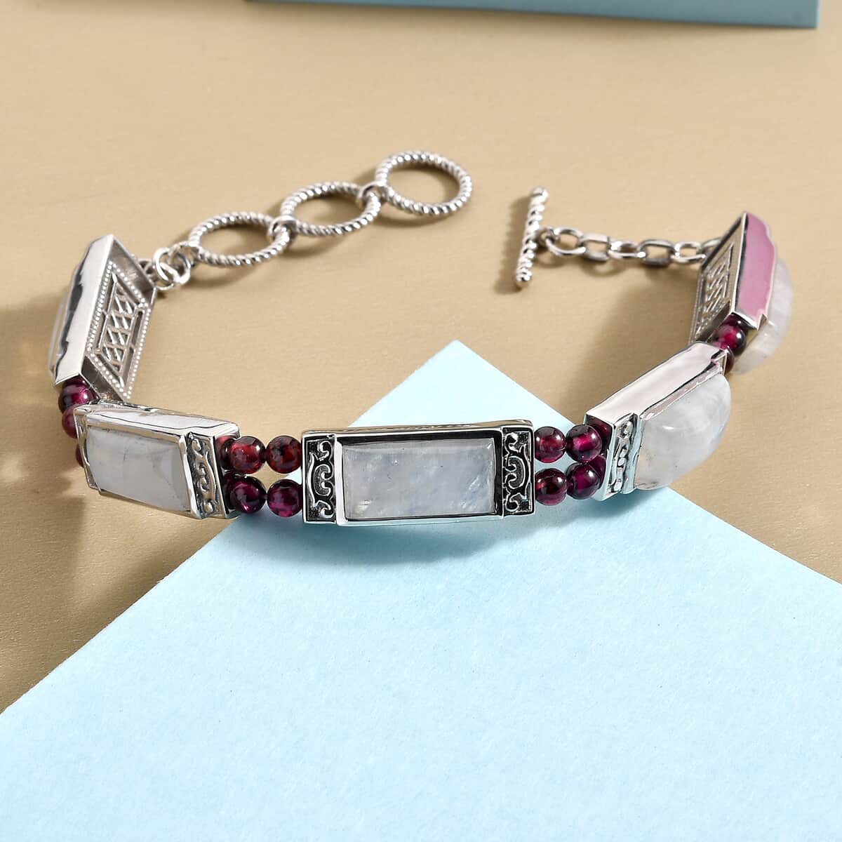 Kuisa Rainbow Moonstone and Orissa Rhodolite Garnet Bracelet in Platinum Over Sterling Silver (8.00 In) 33.75 ctw image number 1