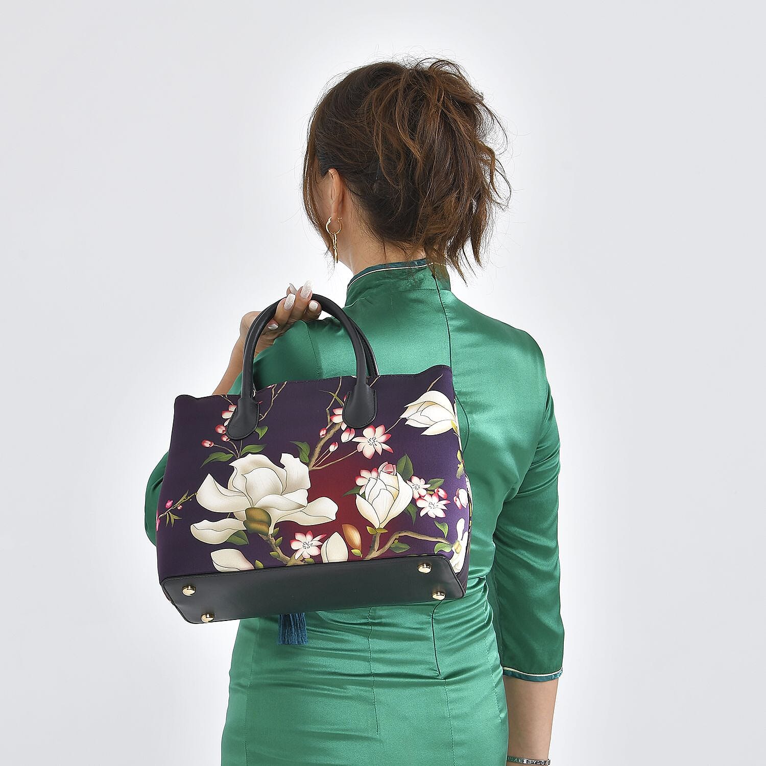 Dark Purple Flower Pattern Silk with Genuine Leather Tote Bag for Women with Hanging Jade Tassels | Women's Designer Tote Bags | Leather Handbags | Leather Purse