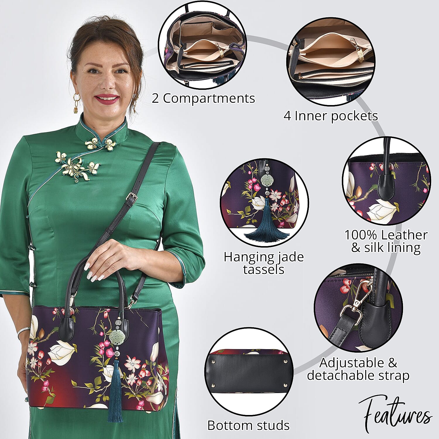 Dark Purple Flower Pattern Silk with Genuine Leather Tote Bag for Women with Hanging Jade Tassels | Women's Designer Tote Bags | Leather Handbags | Leather Purse