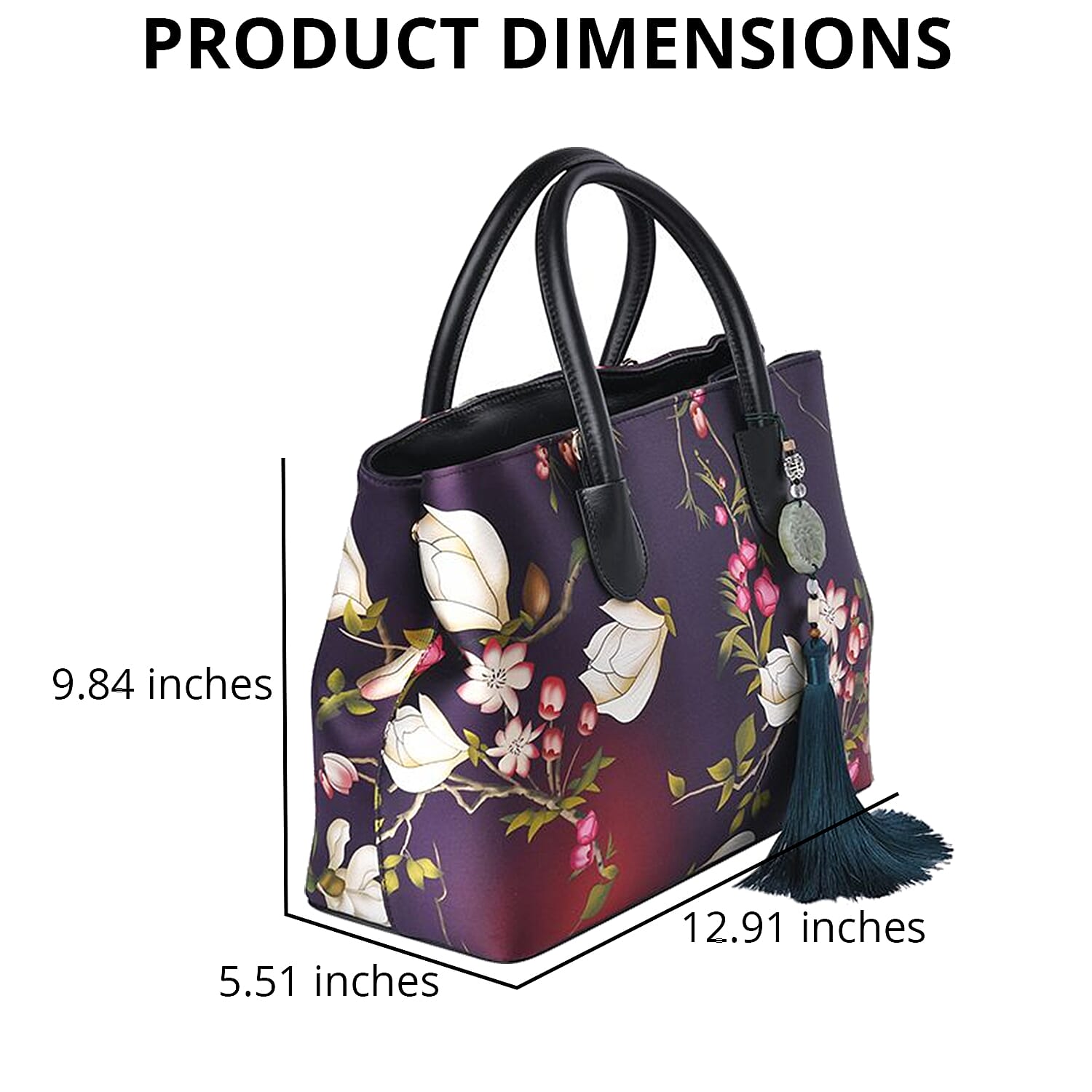 Dark Purple Flower Pattern Silk with Genuine Leather Tote Bag for Women with Hanging Jade Tassels | Women's Designer Tote Bags | Leather Handbags | Leather Purse