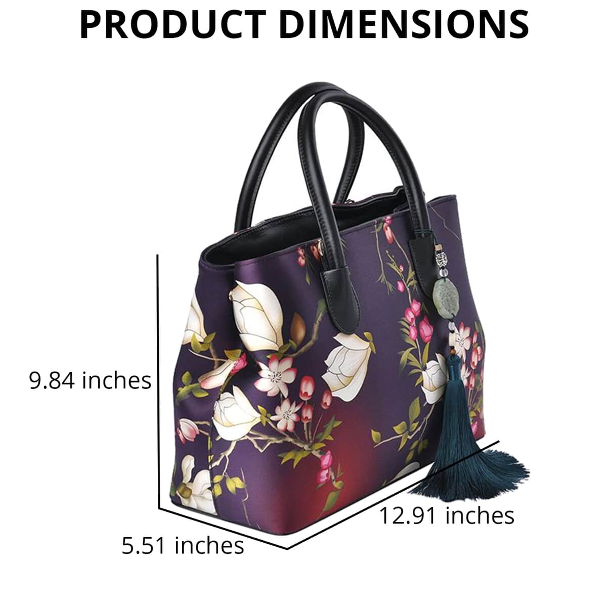 Buy Dark Purple Flower Pattern Silk with Genuine Leather Tote Bag