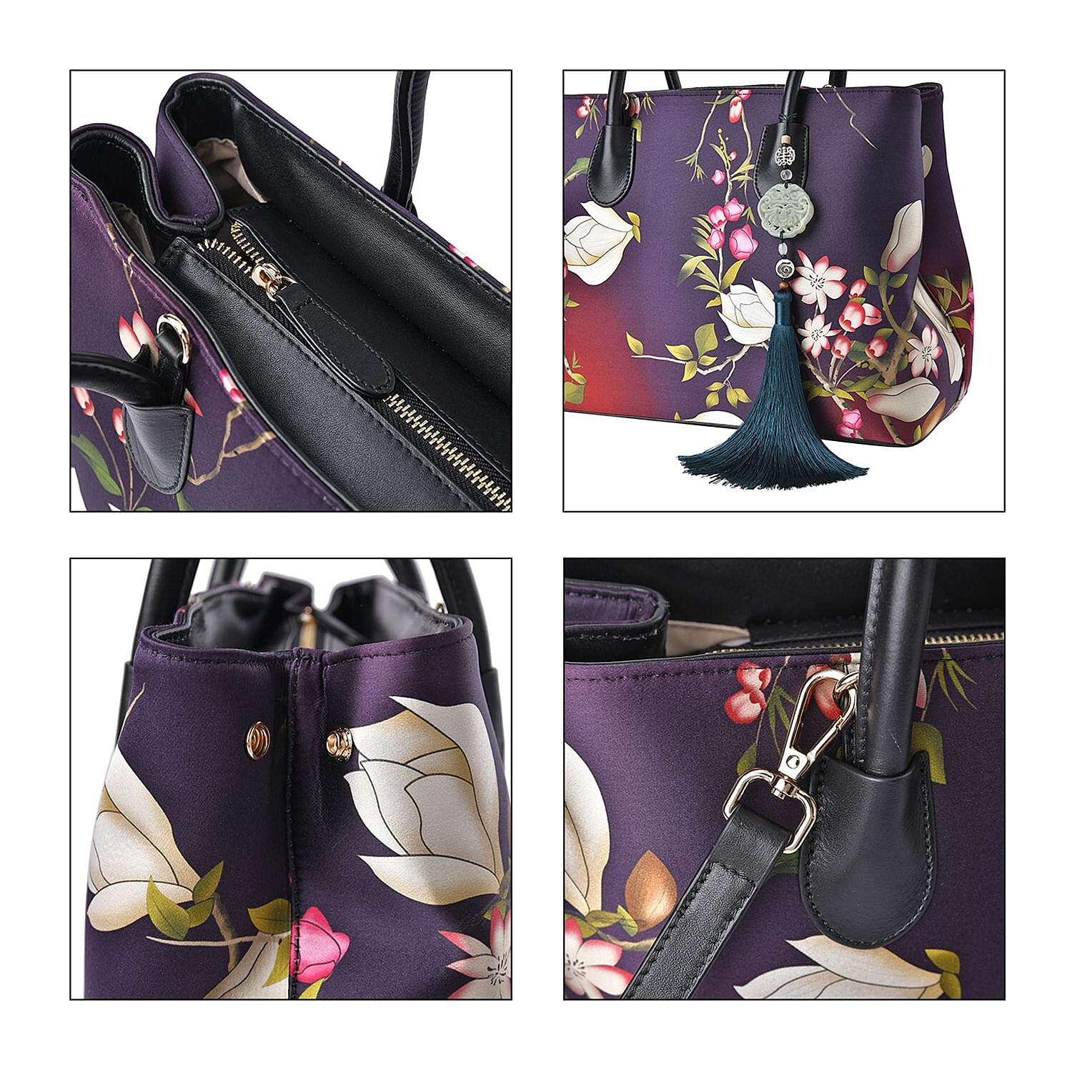 Dark Purple Flower Pattern Silk with Genuine Leather Tote Bag for Women with Hanging Jade Tassels | Women's Designer Tote Bags | Leather Handbags | Leather Purse