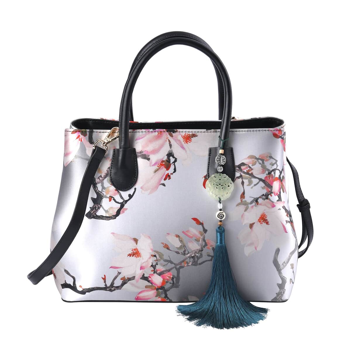 Light Gray Flower Pattern Silk with Genuine Leather Tote Bag for Women with Hanging Jade Tassels | Women's Designer Tote Bags | Leather Handbags | Leather Purse image number 0