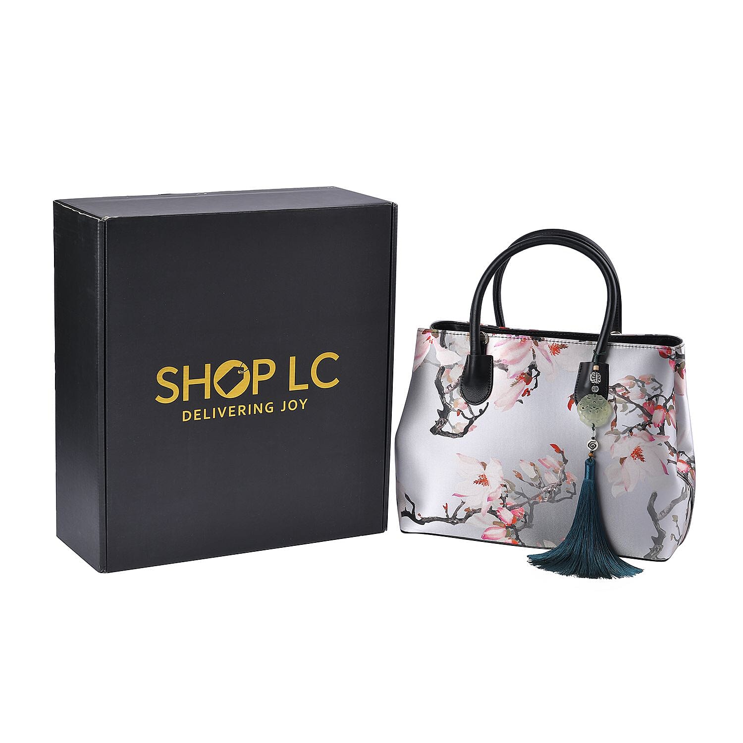 Buy Light Gray Flower Pattern Silk with Genuine Leather Tote