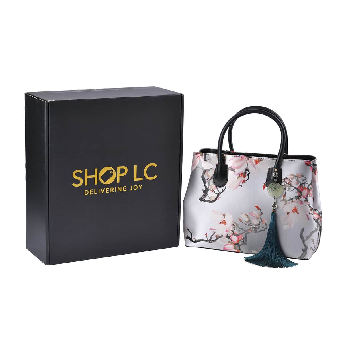 Buy Light Gray Flower Pattern Silk with Genuine Leather Tote Bag for Women  with Hanging Jade Tassels, Women's Designer Tote Bags, Leather Handbags