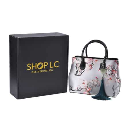 Buy Light Gray Flower Pattern Silk with Genuine Leather Tote Bag