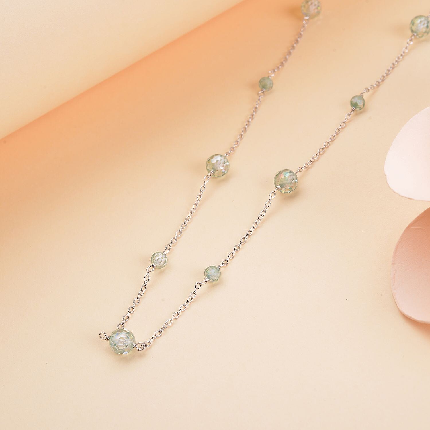 Green Moissanite Beaded Station Necklace 18-21 Inches in Rhodium Over Sterling Silver 11.75 ctw