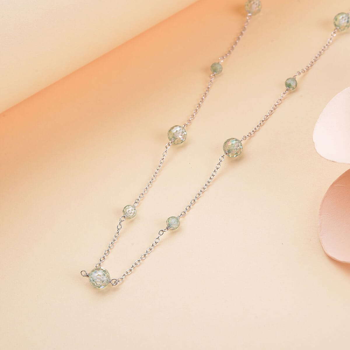 Green Moissanite Beaded Station Necklace 18-21 Inches in Rhodium Over Sterling Silver 11.75 ctw image number 1